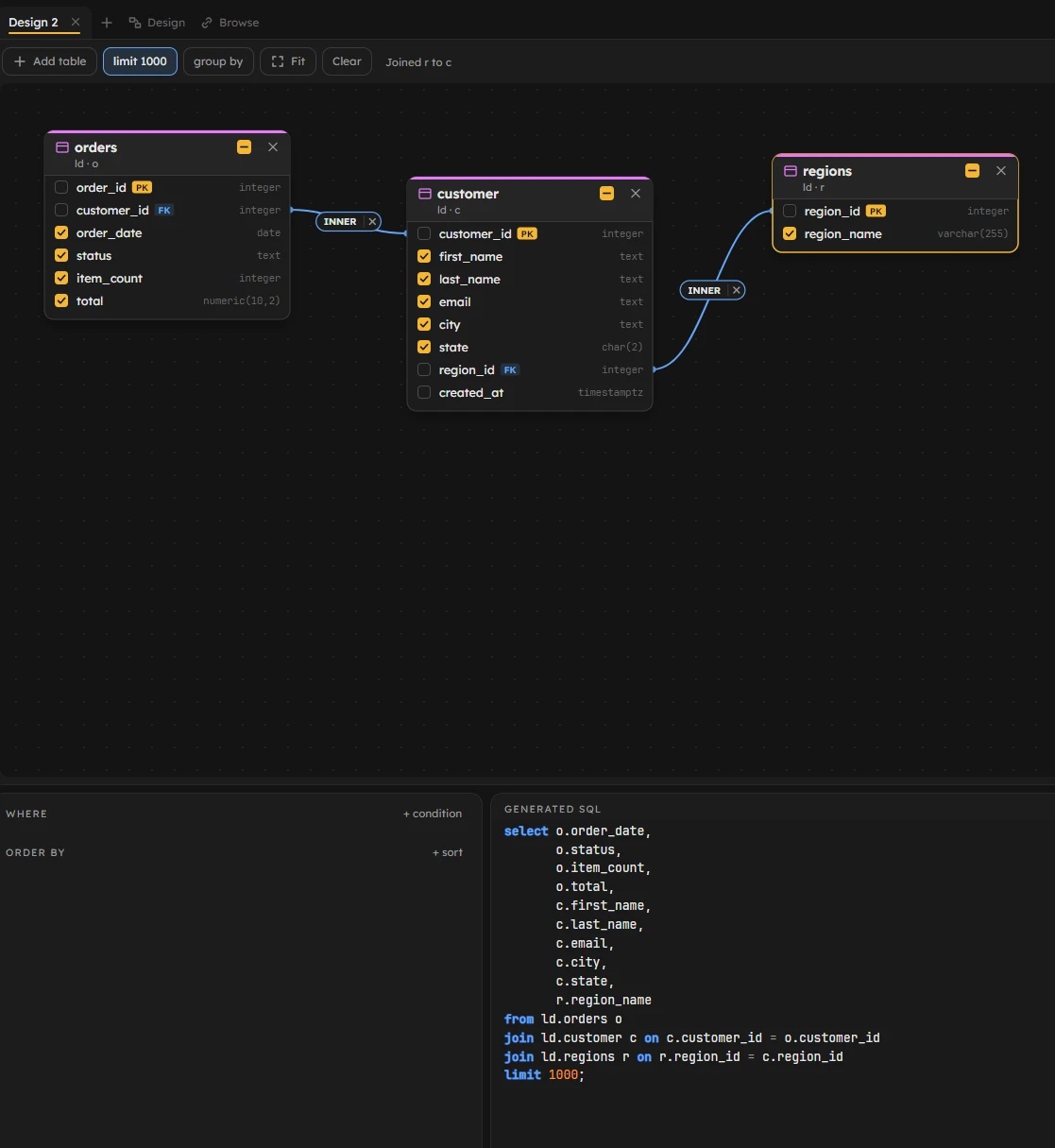 Snowcap Studio’s visual query designer joining three tables