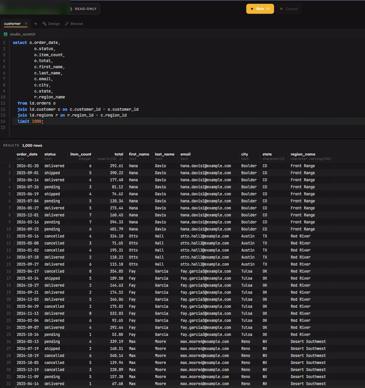 The query editor with 1,000 rows of results